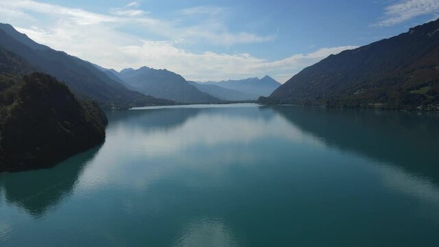 Lake Brienz also called Brienzersee in Switzerland with its blue water - aerial view
