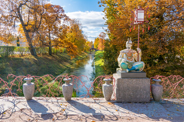 Large Chinese bridge in Alexander park in fall, Pushkin (Tsarskoe Selo), St. Petersburg, Russia