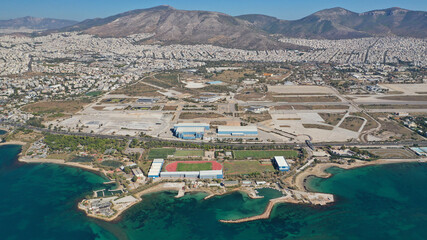 Obraz premium Aerial drone photo of Marina of Agios Kosmas and abandoned former international airport of Athens in Elliniko area, South Athens riviera, Attica, Greece