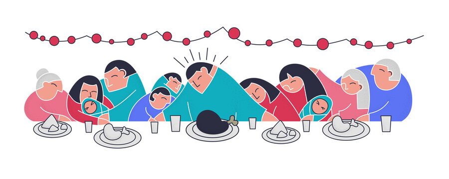 Stylization Last Supper Flat Collection Family Trendy Flat People. Christmas Dinner Turkey Table. Daughter, Mom, Father, Grandparents Christian Poster Cartoon Style. Merry Christmas Trendy People.