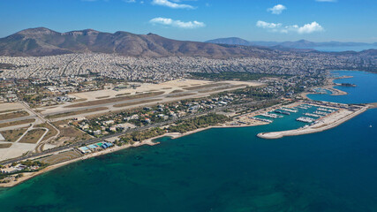 Aerial drone photo of Marina of Agios Kosmas and abandoned former international airport of Athens in Elliniko area, South Athens riviera, Attica, Greece