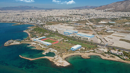 Aerial drone photo of famous seaside area of Athenian riviera of Agios Kosmas well known for former international airport of Athens, Attica, Greece