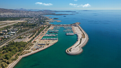 Aerial drone photo of famous Marina of Agios Kosmas in Athens riviera area, Glifada, Attica, Greece