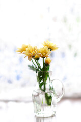 窓辺に置いた瓶に生けた菊の花