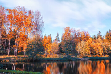 Autumn landscape with lake and tree reflection