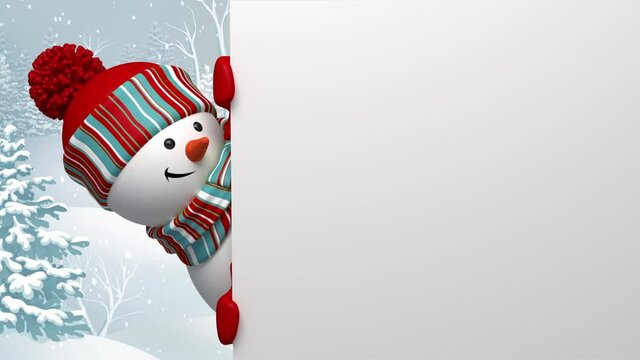 Snowman looking out the corner, animated greeting card with blank copy space, winter holiday background, Merry Christmas and a Happy New Year