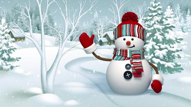 Snowman waving hand in the snowy forest, animated greeting card, winter holiday background, Merry Christmas and a Happy New Year