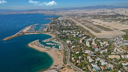 Aerial drone photo of Marina of Agios Kosmas and abandoned former international airport of Athens in Elliniko area, South Athens riviera, Attica, Greece