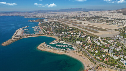 Aerial drone photo of Marina of Agios Kosmas and abandoned former international airport of Athens in Elliniko area, South Athens riviera, Attica, Greece