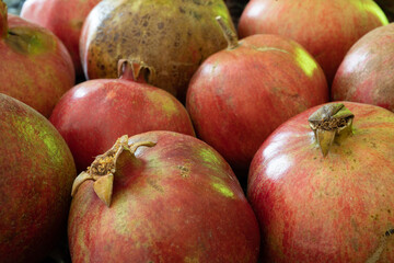 Pomegranate natural background with close up on a ripe granates ready for juice press.