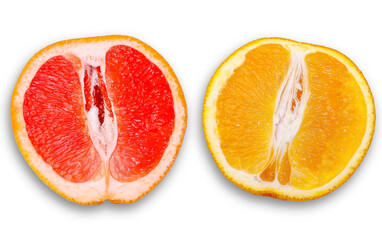 Fototapeta na wymiar Grapefruit and orange halves with shadow isolated on a white background.