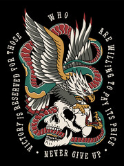 Eagle Fighting with Snake on a Skull Traditional Tattoo Style Illustration Print for Apparel and Other Uses White Base