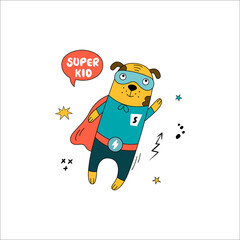 Hand-drawn dog in a superhero costume.
