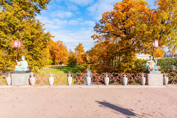 Large Chinese bridge in Alexander park in fall, Pushkin (Tsarskoe Selo), St. Petersburg, Russia