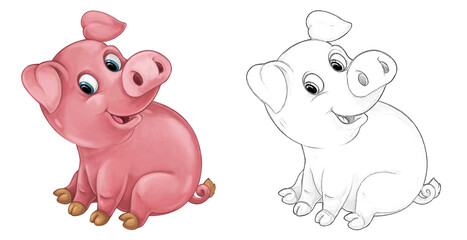 Cartoon sketch scene pig is standing looking and smiling - illustration