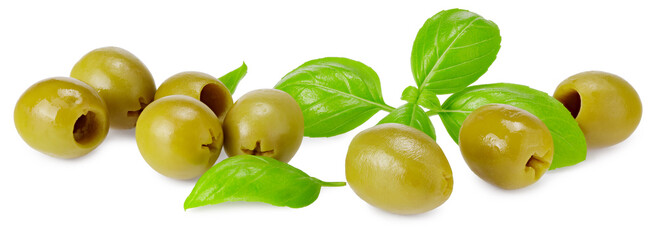 green marinated olives with basil leaves isolated on white background. full depth of field