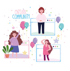 online party, connected people celebrating birthday balloon decoration