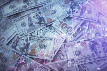 Double exposure of forex graph drawing over us dollars bill background. Concept of financial markets.