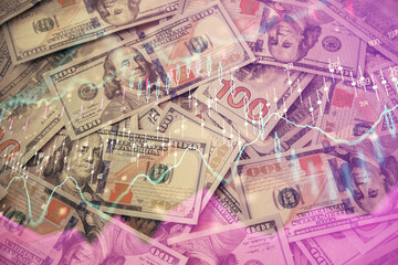 Multi exposure of forex chart drawing over us dollars bill background. Concept of financial success markets.