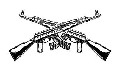 Monochrome detailed illustration of crossed kalashnikov assault rifle. Isolated vector template