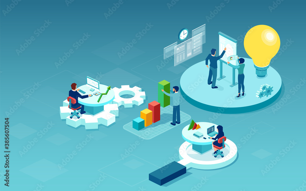 Wall mural vector of business people working in office analyzing market and financial strategy using mobile dev