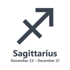 Vector black Sagittarius astrology zodiac sign. Flat design astronomy symbol.