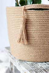 Woven jute basket close up.