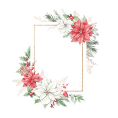 Fototapeta na wymiar Watercolor Christmas golden frames with flowers roses and poinsettia. Holiday decor elements for the New Year