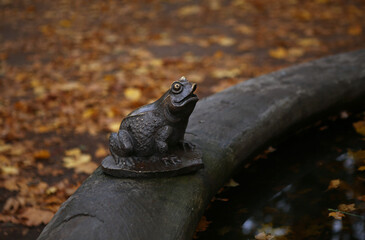 Figure of a frog with autumn leaves.