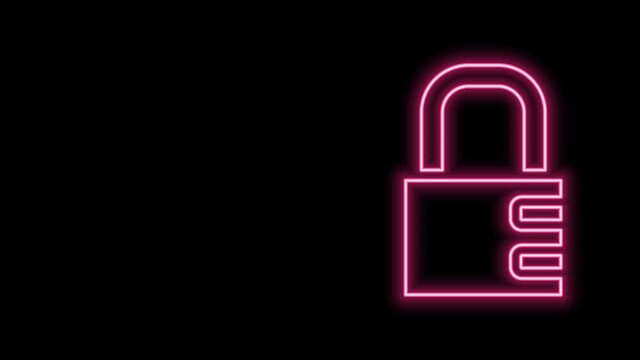 Glowing neon line Safe combination lock icon isolated on black background. Combination padlock. Security, safety, protection, password, privacy. 4K Video motion graphic animation
