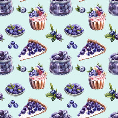Blueberry. Seamless patterns. Watercolor botanical illustration. Hand drawn watercolor painting blueberry on white background.