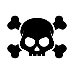 Black Silhouette of Evil Skull and Bones. Jolly Roger Icon. Death Warning, Poison Icon, Glyph Style Pictogram on White Backdrop