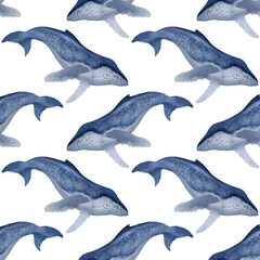 Hand drawn digital watercolor seamless pattern with whales. Stock illustration with colorful sea animals.