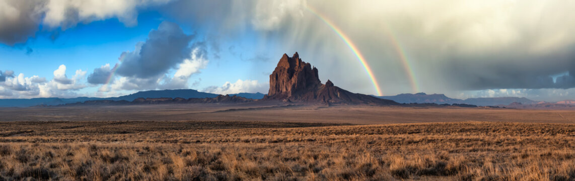 Dramatic panoramic landscape view of a dry desert with a mountain peak in the background. Dramatic Sunrise with Rainbow Artistic Render. Taken at Shiprock, New Mexico, United States.