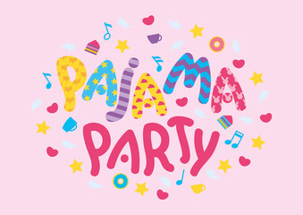 PAGAMA PARTY SIGN DESIGN WITH KIDS PARTY ELEMENTS ISOLATED ON PINK BACKGROUND. VECTOR ILLUSTRATION, LOGO, EMBLEM, CARD, POSTER