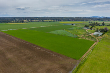 Aerial view of green farmland in regional New South Wales in Australia