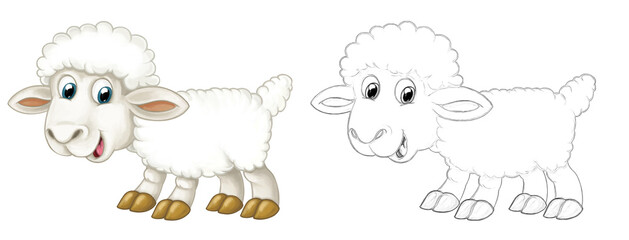 Fototapeta premium Cartoon sketch scene sheep is standing looking and smiling - illustration