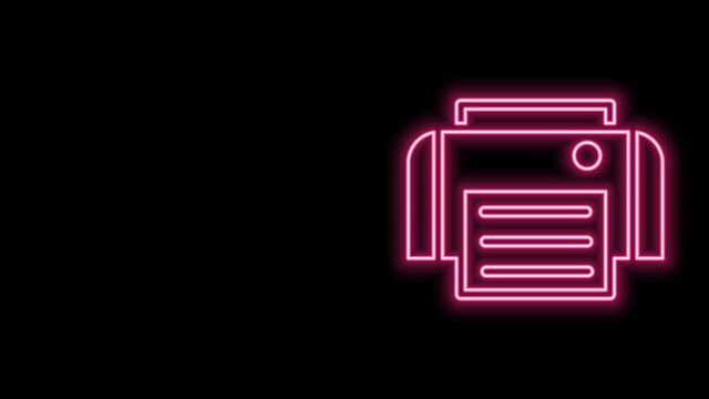 Glowing neon line Printer icon isolated on black background. 4K Video motion graphic animation