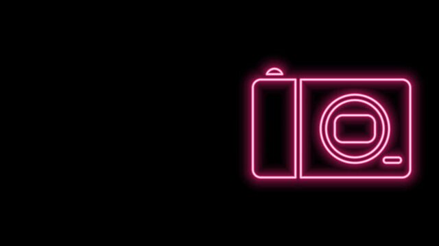 Glowing neon line Photo camera icon isolated on black background. Foto camera icon. 4K Video motion graphic animation