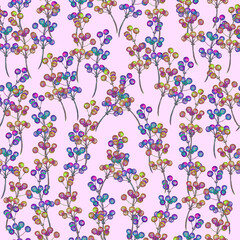 Small colorful berries, hand painted watercolor illustration, seamless pattern design on purple background