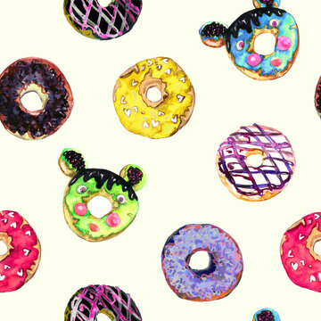 Donut variety collection, set mice shape with chocolate, pistachio, raspberry glaze, hand painted watercolor illustration, seamless pattern design on soft background