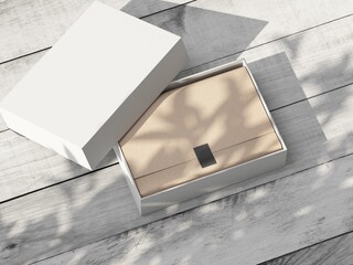 Open white Box Mockup with wrapping paper on wooden table outdoor