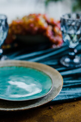 color plates, saucers. selective focus