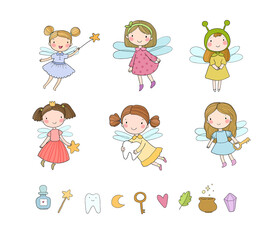 Cute cartoon fairies. Fairy elves. Childrens illustration. tooth Fairy - 385612928