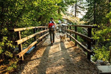 Woman hikes with her dog across a foot bridge