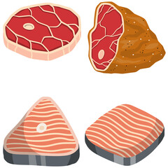 Piece of red salmon fish meat with pink stripe. Food for Cooking sushi. Set of Raw Seafood. Cut off part. Slices with grey skin. Kitchen and meal element. Cartoon illustration. Steak and barbecue