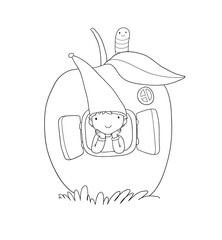 Cute cartoon gnome in the apple house. Wood Elf