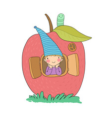 Cute cartoon gnome in the apple house. Wood Elf