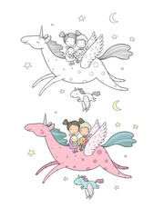 Prince and princess are flying on a unicorn. Cute cartoon kids and magic pony.