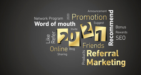 Referral Marketing New Year 2021 shining gold white word cloud black board background